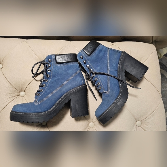 Blue Nappa Leather Upper Heels 4 inches Boots Booties Lace size 9 - Picture 1 of 5